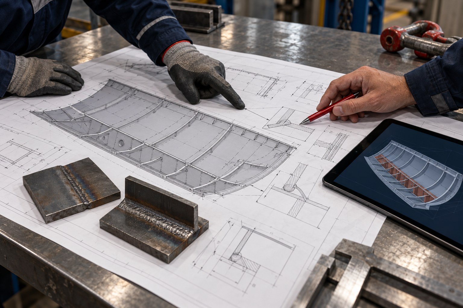 Engineers reviewing a hull panel