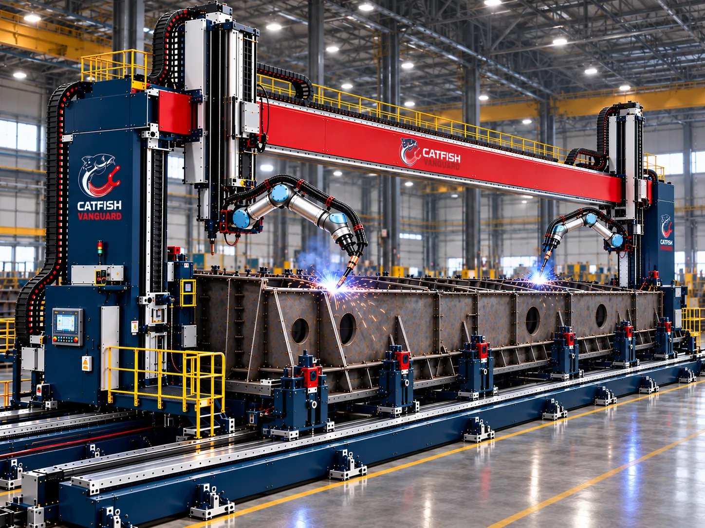 Two W7 robots welding a large steel structure within the ARC-X gantry system