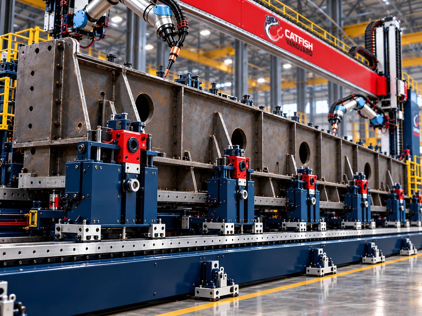 ARC-X gantry welding a steel assembly held in workpiece positioning fixtures