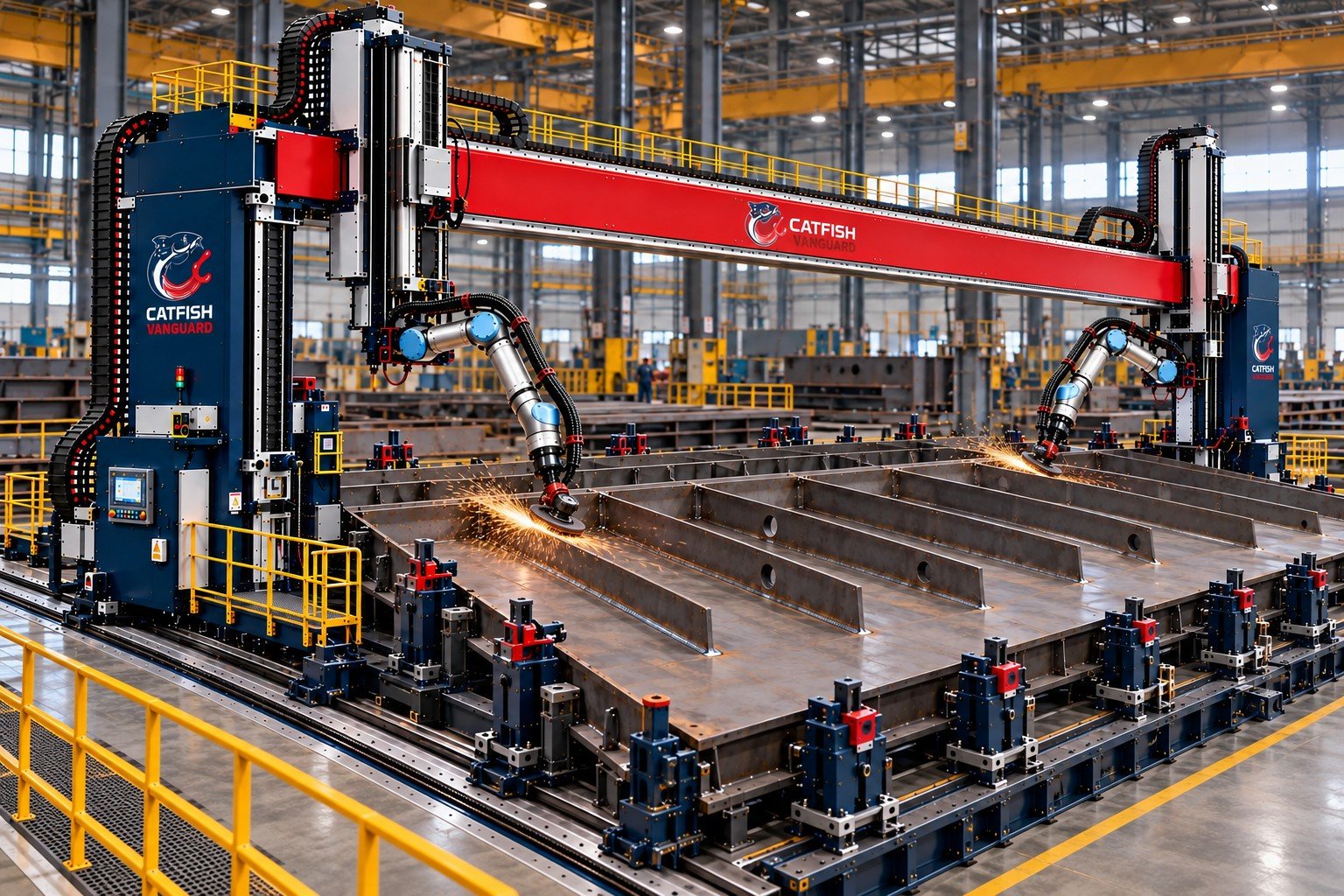 ARC-X gantry with two W7 robots grinding weld seams on a stiffened steel panel