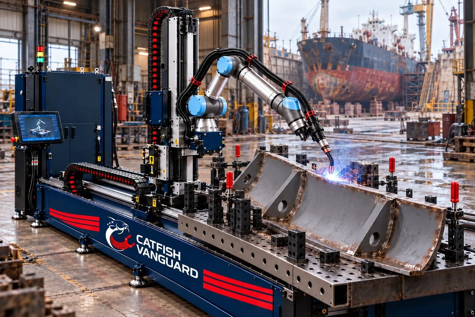 Catfish ARC-R cell welding replacement steel beside a dry dock