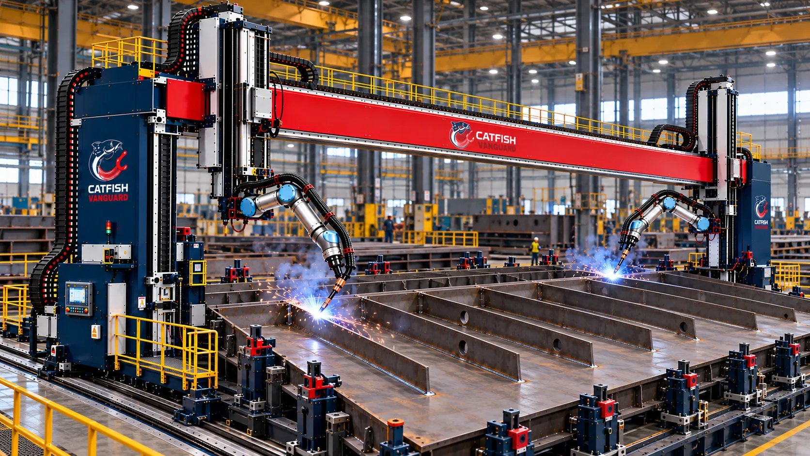 ARC-X gantry with two W7 robots welding a stiffened steel panel in an assembly hall