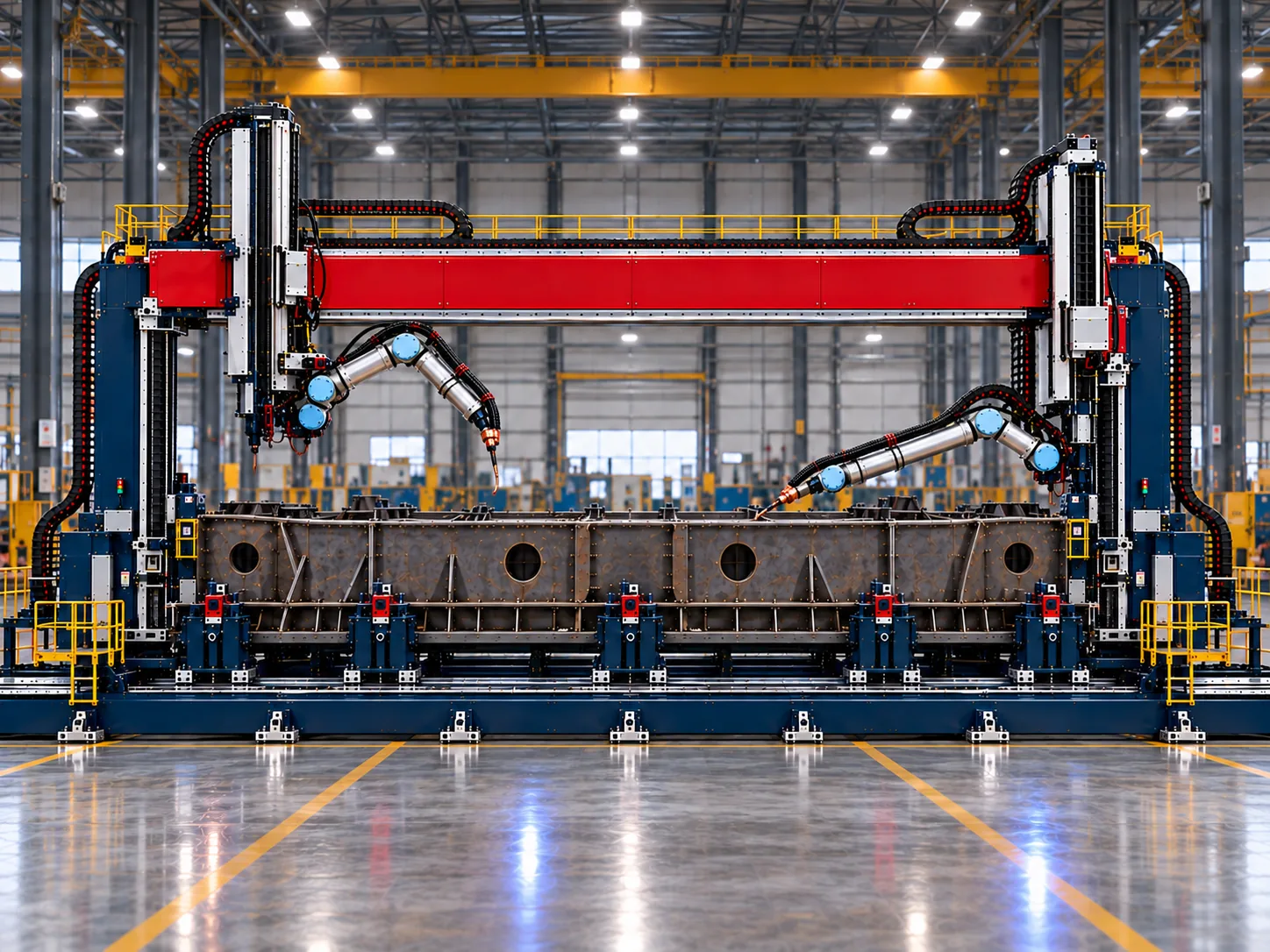 Gantry system carrying two W7 robots over a large steel structure