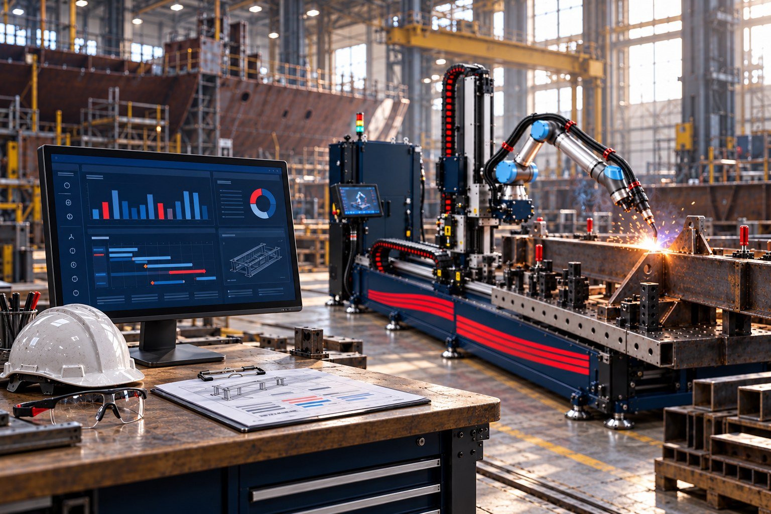 Production planning desk beside a Catfish welding cell