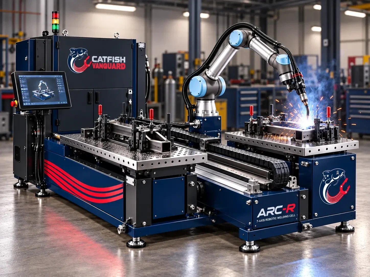 Robotic welding cell working on a steel assembly