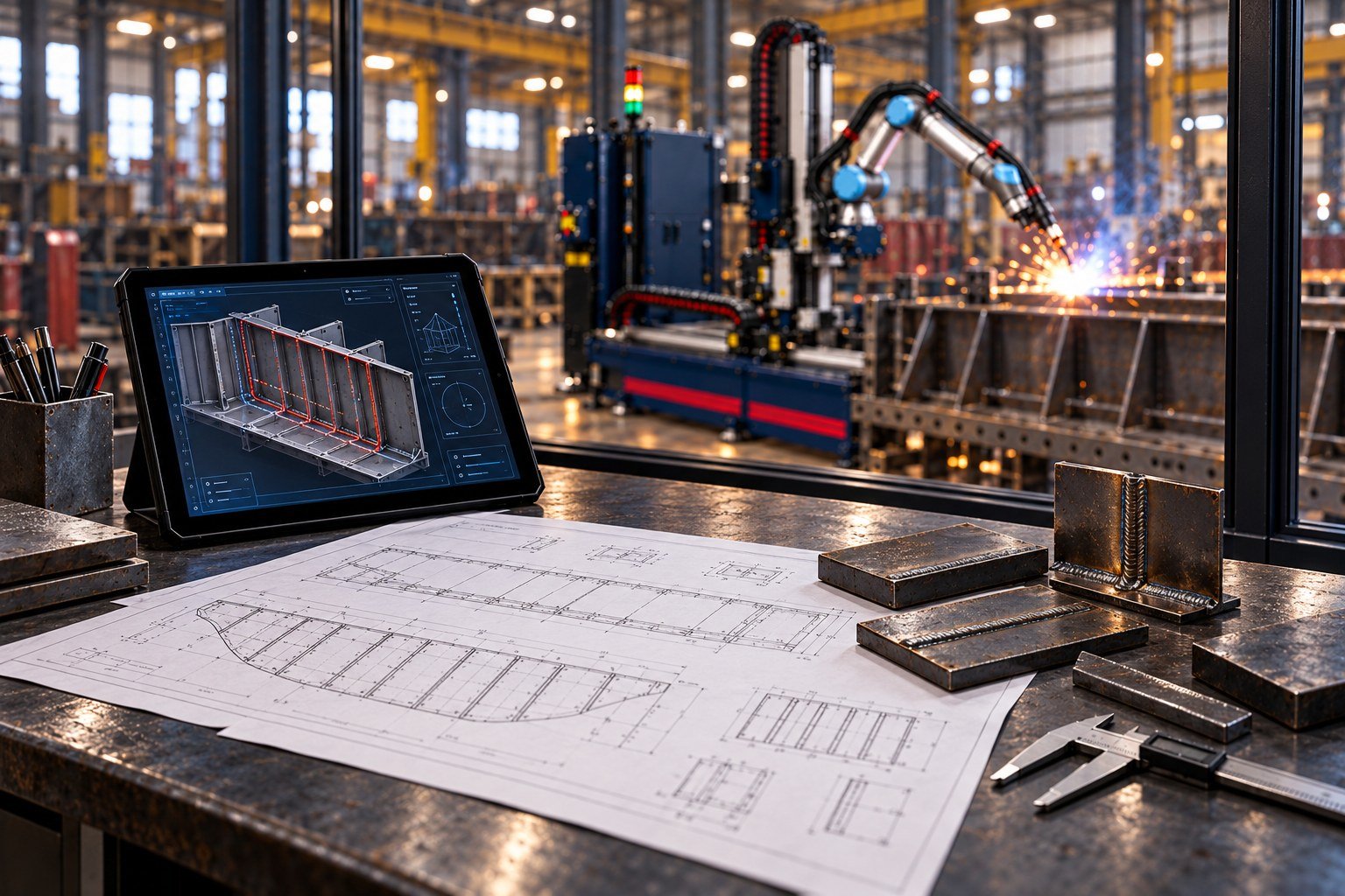 Engineering drawings, tablet and weld coupons beside a Catfish welding cell
