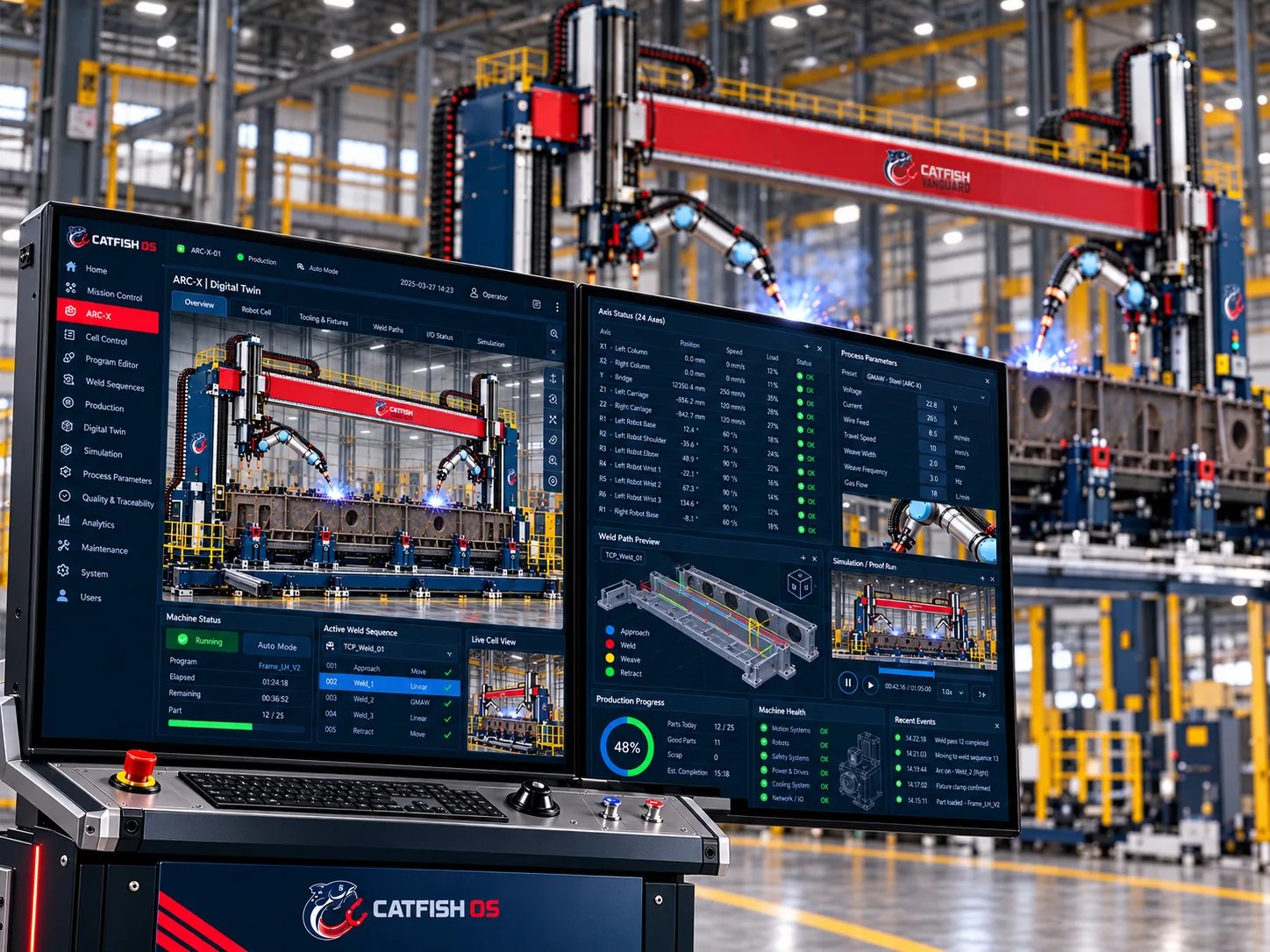 Catfish OS operator console with the ARC-X gantry welding in the background