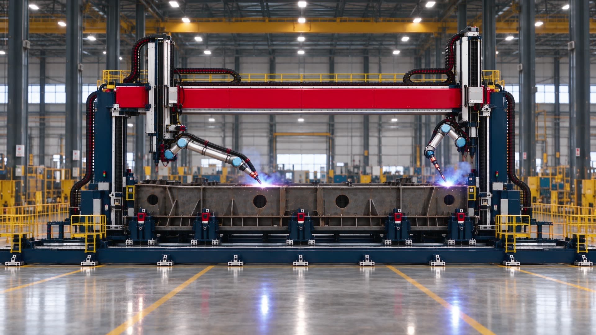 Two robotic welding arms working along a large steel structure