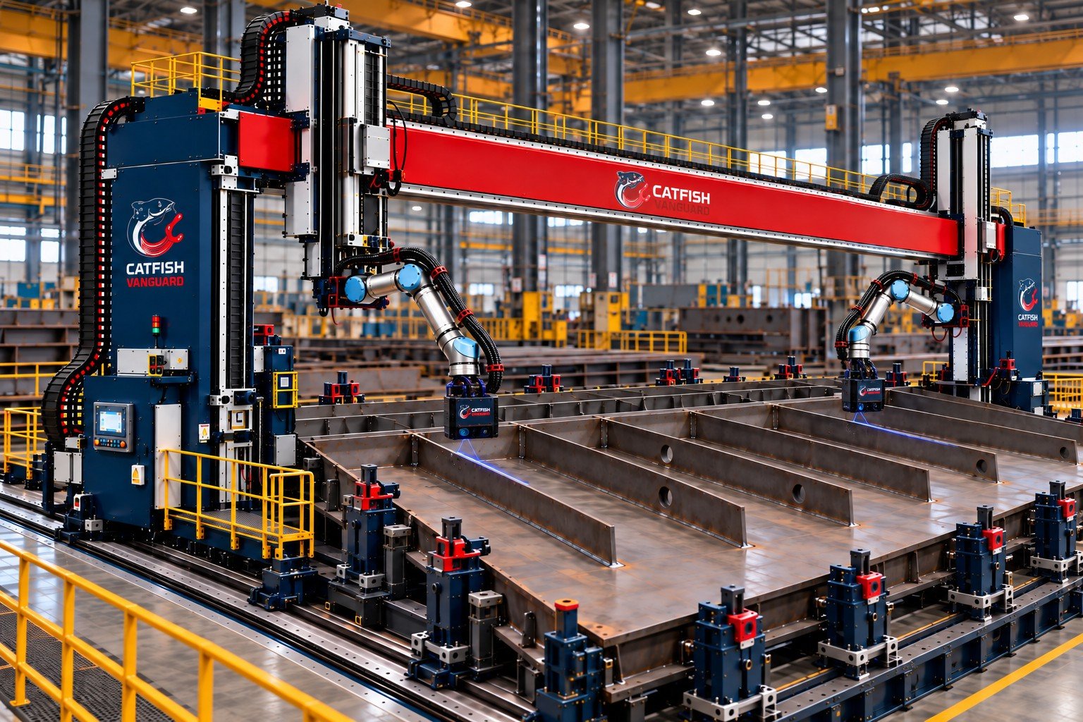 ARC-X gantry with two W7 robots laser-scanning welded stiffeners